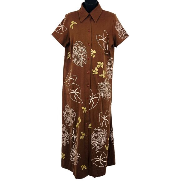M.Mac Brown Button-Front Short Sleeve Dress Leaf Size Medium M Aloha EUC - Picture 1 of 6